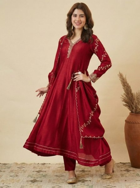 Premium Maroon Vichitra Silk Top Bottom Set with Embroidered Dupatta For Women Embroidery Kurtis 