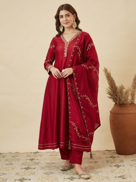 Premium Maroon Vichitra Silk Top Bottom Set with Embroidered Dupatta For Women Embroidery Kurtis 