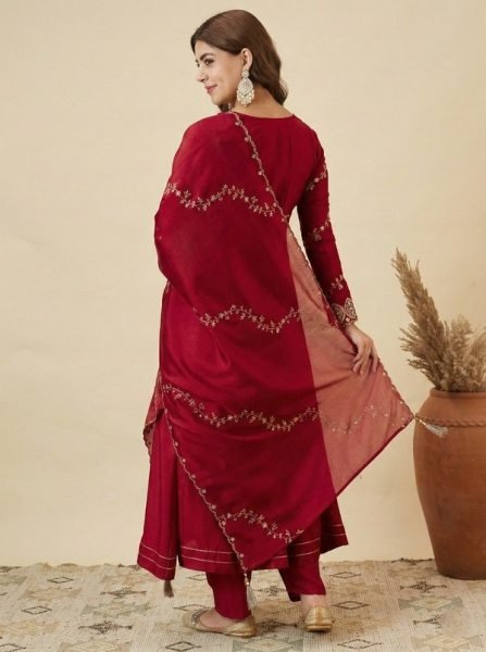 Premium Maroon Vichitra Silk Top Bottom Set with Embroidered Dupatta For Women Embroidery Kurtis 