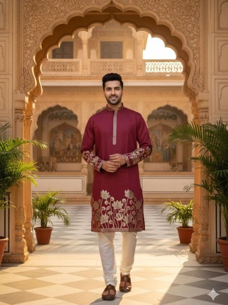 Premium Maroon Wholesale Men Kurta Pajama Collection with Gold Foil Embroidery Mens Wear