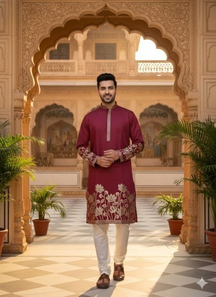 Premium Maroon Wholesale Men Kurta Pajama Collection with Gold Foil Embroidery Kurta Pajama Wholesale
