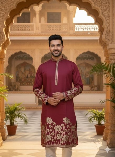 Premium Maroon Wholesale Men Kurta Pajama Collection with Gold Foil Embroidery Kurta Pajama Wholesale
