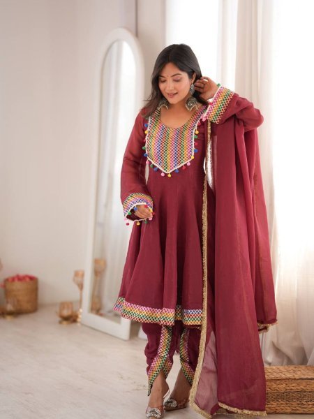 Premium Marron Tulip Dhoti Set with Embroidered Top and Dupatta Ready To Wear Suit