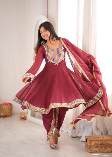 Premium Marron Tulip Dhoti Set with Embroidered Top and Dupatta Ready To Wear Collection