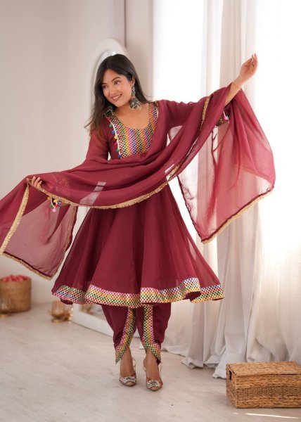 Premium Marron Tulip Dhoti Set with Embroidered Top and Dupatta Ready To Wear Collection