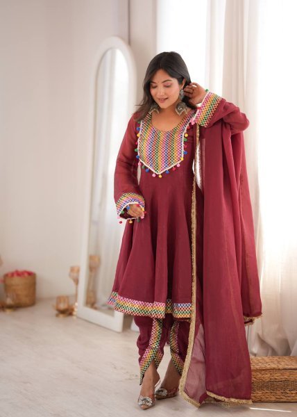 Premium Marron Tulip Dhoti Set with Embroidered Top and Dupatta Ready To Wear Collection