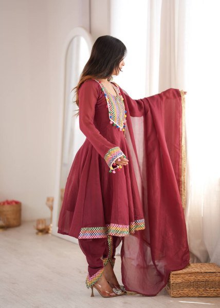 Premium Marron Tulip Dhoti Set with Embroidered Top and Dupatta Ready To Wear Collection