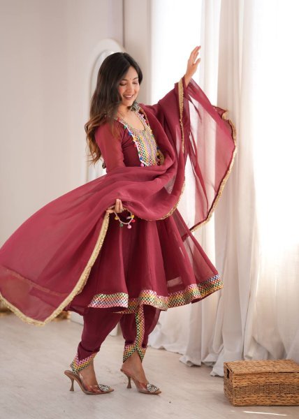 Premium Marron Tulip Dhoti Set with Embroidered Top and Dupatta Ready To Wear Collection