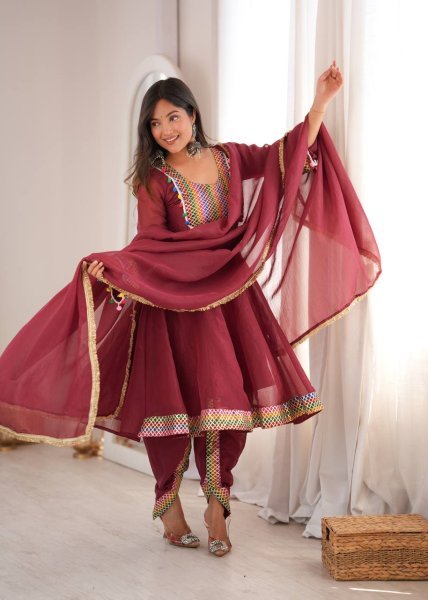 Premium Marron Tulip Dhoti Set with Embroidered Top and Dupatta Ready To Wear Collection