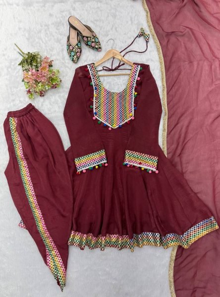 Premium Marron Tulip Dhoti Set with Embroidered Top and Dupatta Ready To Wear Collection