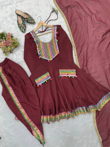 Premium Marron Tulip Dhoti Set with Embroidered Top and Dupatta Ready To Wear Collection