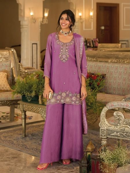 Premium Mauve Moch Fabric Top Palazzo Dupatta Set with Beads Work at Wholesale Rate Salwar Kameez