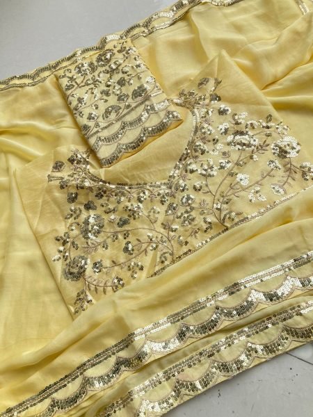 Premium Moss Chiffon Saree with Sequins Lace Border and Banglory Silk Blouse Pure Chiffon Sarees Wholesale