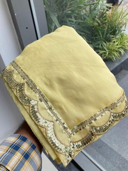 Premium Moss Chiffon Saree with Sequins Lace Border and Banglory Silk Blouse Pure Chiffon Sarees Wholesale