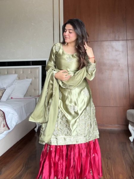Premium Moss Satin Embroidered Suit and Sharara Set Manufacturer Price Ready To Wear Suit