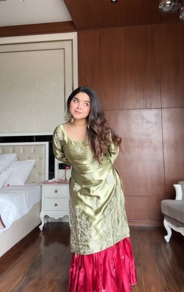 Premium Moss Satin Embroidered Suit and Sharara Set Manufacturer Price Ready To Wear Collection