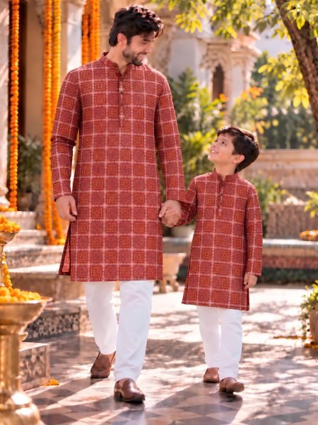 Premium Mraroon Father Son Matching Kurta Set with Printed Cotton Kurta 