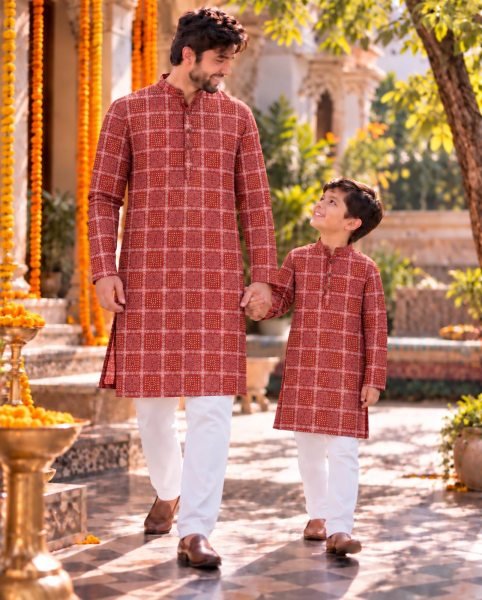 Premium Mraroon Father Son Matching Kurta Set with Printed Cotton Kurta Father Son Collection 