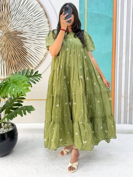 Premium Green Mull Cotton Chanderi Embroidered Midi Gown for Women Summer Ready to Wear Ethnic Dress Kurtis