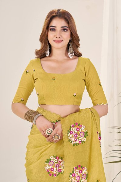 Premium Mustard Yellow Gold Crush Saree with Diamond Silk Blouse Silk Sarees Wholesale