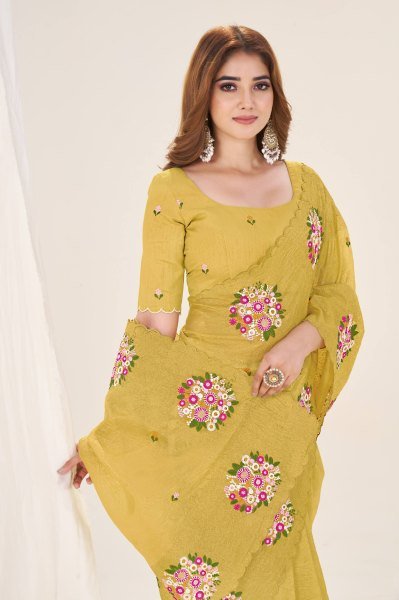 Premium Mustard Yellow Gold Crush Saree with Diamond Silk Blouse Silk Sarees Wholesale