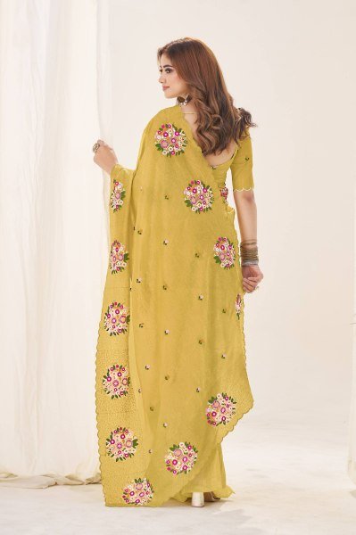 Premium Mustard Yellow Gold Crush Saree with Diamond Silk Blouse Silk Sarees Wholesale