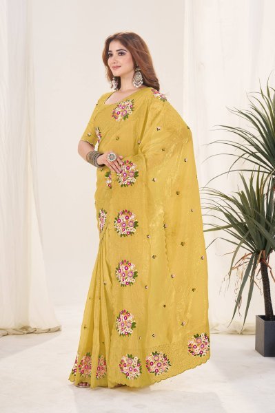 Premium Mustard Yellow Gold Crush Saree with Diamond Silk Blouse Silk Sarees Wholesale