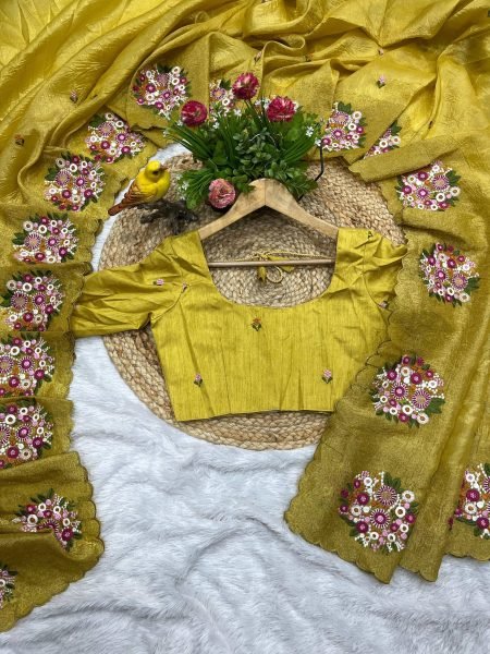 Premium Mustard Yellow Gold Crush Saree with Diamond Silk Blouse Silk Sarees Wholesale