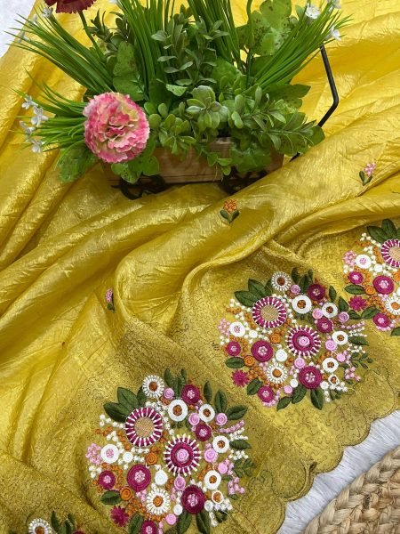 Premium Mustard Yellow Gold Crush Saree with Diamond Silk Blouse Silk Sarees Wholesale