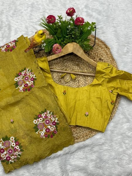 Premium Mustard Yellow Gold Crush Saree with Diamond Silk Blouse Silk Sarees Wholesale