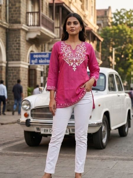 Premium Office Wear Pink Cotton Kurta Kurtis