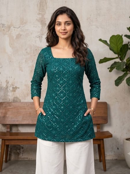 Premium Office Wear Straight Cut Georgette Kurti With beautiful sequence embroidery work Kurtis
