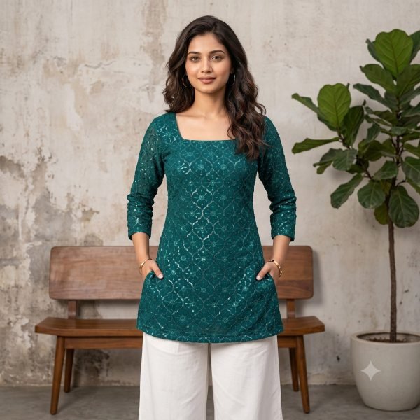 Premium Office Wear Straight Cut Georgette Kurti With beautiful sequence embroidery work Full Set Kurti
