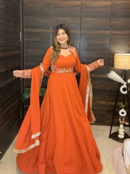 Premium Orange Anarkali Style Gown Set with Heavy Embroidery and Dupatta Fully Stitched Ready To Wear Suit