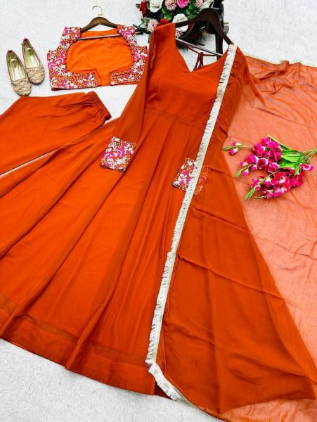 Premium Orange Anarkali Style Gown Set with Heavy Embroidery and Dupatta Fully Stitched Ready To Wear Collection