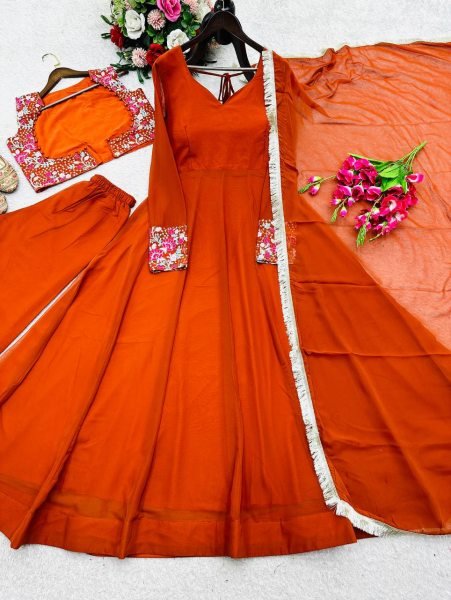 Premium Orange Anarkali Style Gown Set with Heavy Embroidery and Dupatta Fully Stitched Ready To Wear Collection