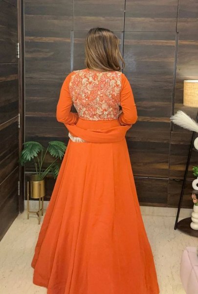 Premium Orange Anarkali Style Gown Set with Heavy Embroidery and Dupatta Fully Stitched Ready To Wear Collection