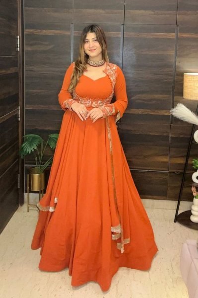 Premium Orange Anarkali Style Gown Set with Heavy Embroidery and Dupatta Fully Stitched Ready To Wear Collection