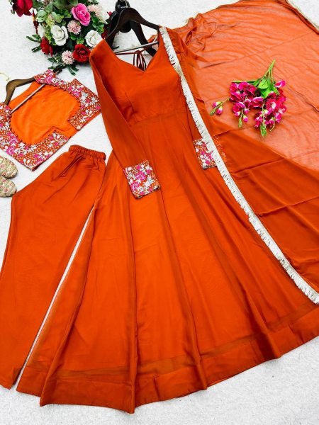 Premium Orange Anarkali Style Gown Set with Heavy Embroidery and Dupatta Fully Stitched Ready To Wear Collection