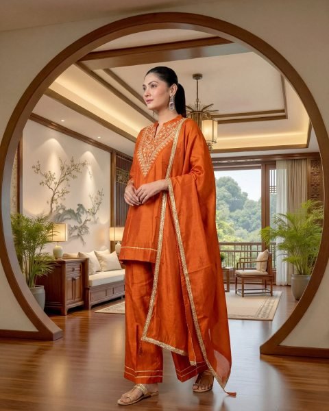 Premium Orange  Vichitra Silk Short Kurti Set with Gotta Patti Work and Palazzo With Dupatta for Party Wear CO ORD Sets