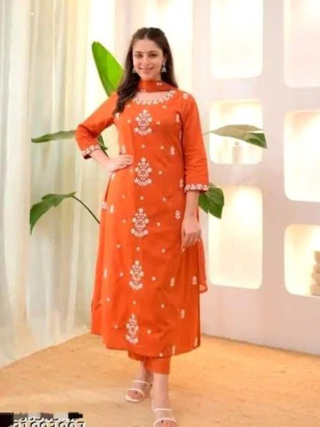 Premium Orange Women's Slub Cotton Ethnic Wear Set with Embroidered Kurti and Soft Nazmin Dupatta  for Resellers Kurtis