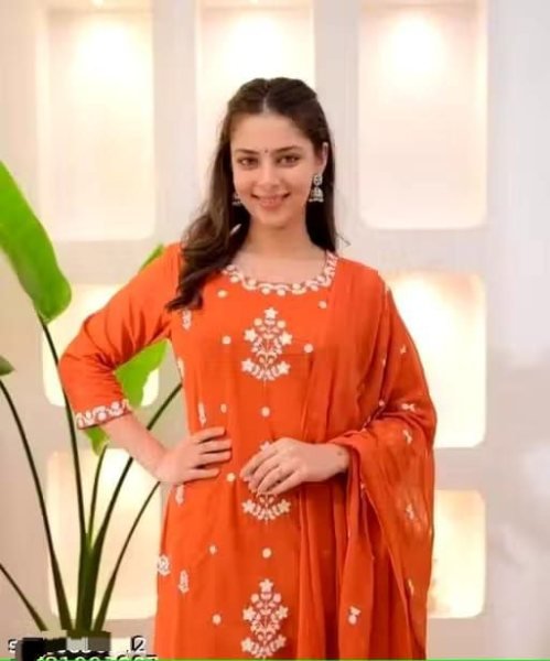 Premium Orange Women's Slub Cotton Ethnic Wear Set with Embroidered Kurti and Soft Nazmin Dupatta  for Resellers Embroidery Kurtis 