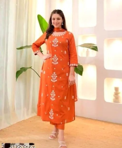 Premium Orange Women's Slub Cotton Ethnic Wear Set with Embroidered Kurti and Soft Nazmin Dupatta  for Resellers Embroidery Kurtis 