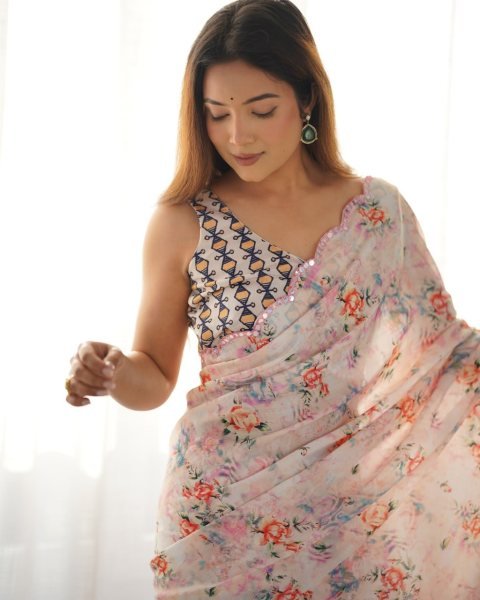Premium Peach Chinon Saree with Digital Print   Mirror Lace Border Designer Party Wear from Surat  Designer Wedding Sarees Wholesale