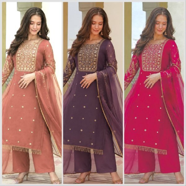Premium Peach Roman Shimar Embroidered Top Pant Set with Dupatta For Reseller Rate Ready To Wear Collection