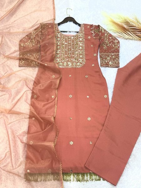 Premium Peach Roman Shimar Embroidered Top Pant Set with Dupatta For Reseller Rate Ready To Wear Collection