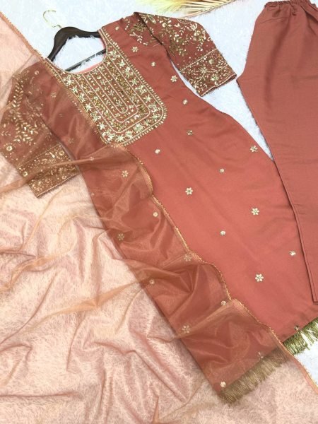 Premium Peach Roman Shimar Embroidered Top Pant Set with Dupatta For Reseller Rate Ready To Wear Collection