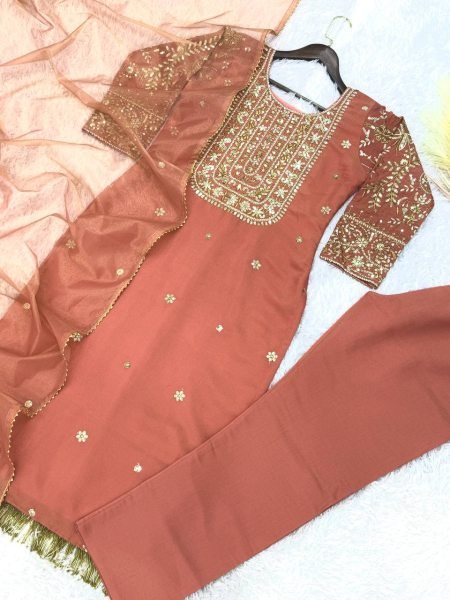 Premium Peach Roman Shimar Embroidered Top Pant Set with Dupatta For Reseller Rate Ready To Wear Collection
