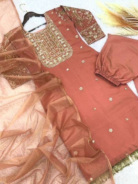 Premium Peach Roman Shimar Embroidered Top Pant Set with Dupatta For Reseller Rate Ready To Wear Collection