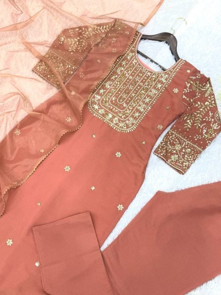 Premium Peach Roman Shimar Embroidered Top Pant Set with Dupatta For Reseller Rate Ready To Wear Collection